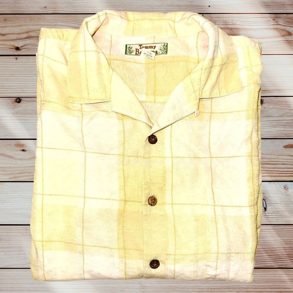 O1 Tommy Bahama 100% silk button front shirt top Large vintage yellow plaid